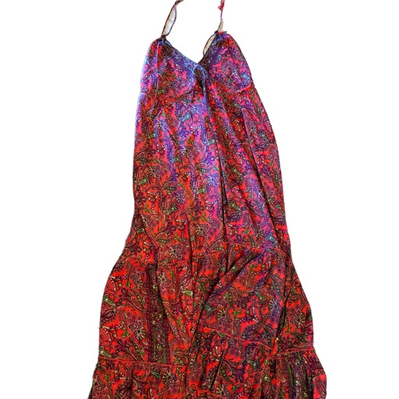 Anthropologie RAGA Open Back Maxi Dress Halter Top Red Paisley Ruffle Tassel M - Picture 2 of 8